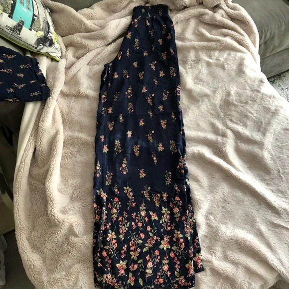 Navy and Pink Floral Off The Shoulder Top and Wide Leg Pants Set - Picture 10 of 13